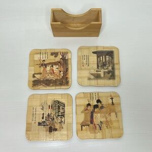 Vintage 🎋 Bamboo Decorative Asian Drink Coasters Set of 4 With Storage Caddy